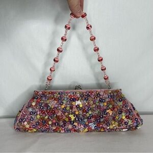 Vintage Far Nine Pink& Multi-colored Beaded Purse With Silver Closure